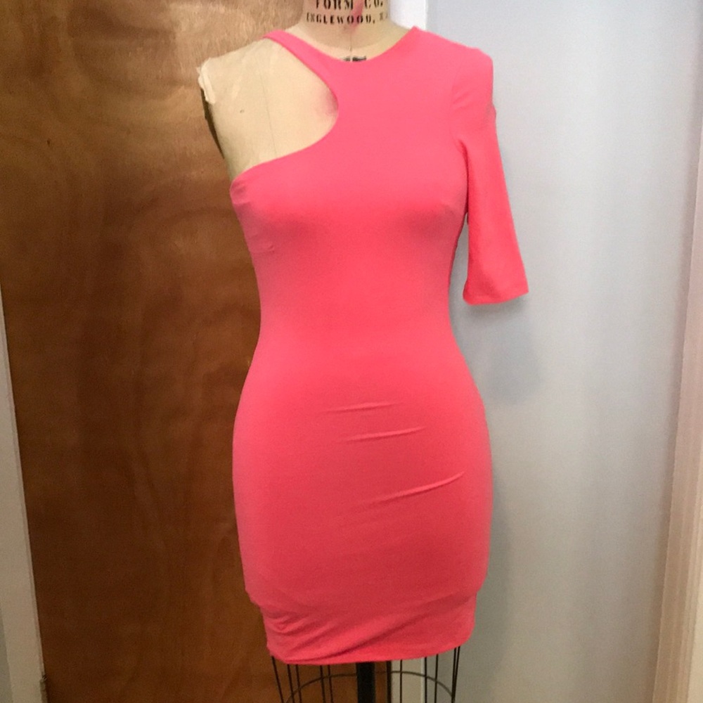 BEBE Salmon dress w/asymmetric neckline & 3/4 Slv